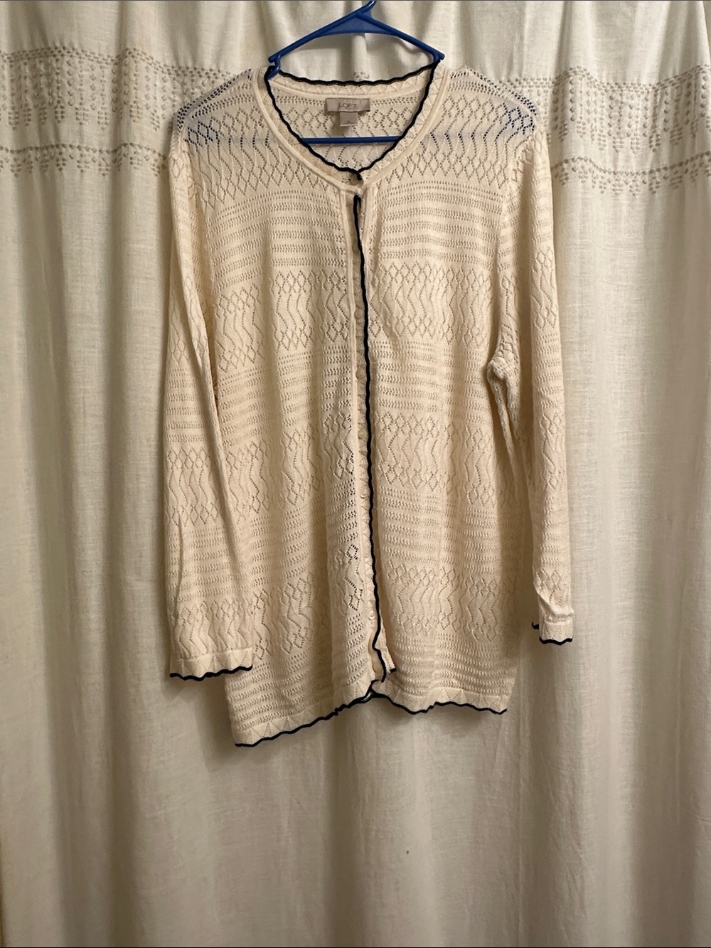 LOFT Cream Open-Knit Cardigan with Navy Trim